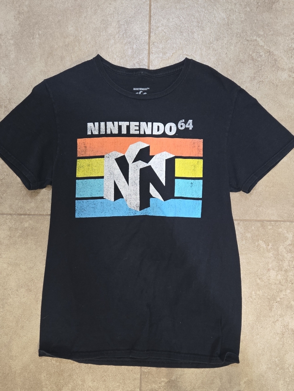 Mens Nintendo 64 Black Tee with Orange, Yellow & Blue Retro Bars